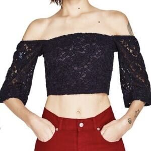 Zara Top Size Large Black Lace Cropped Off The Shoulder Shirt Boho Cottagecore